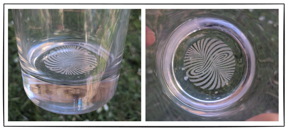 Montage showing a drinking glass laser engraved with a vortex illustration