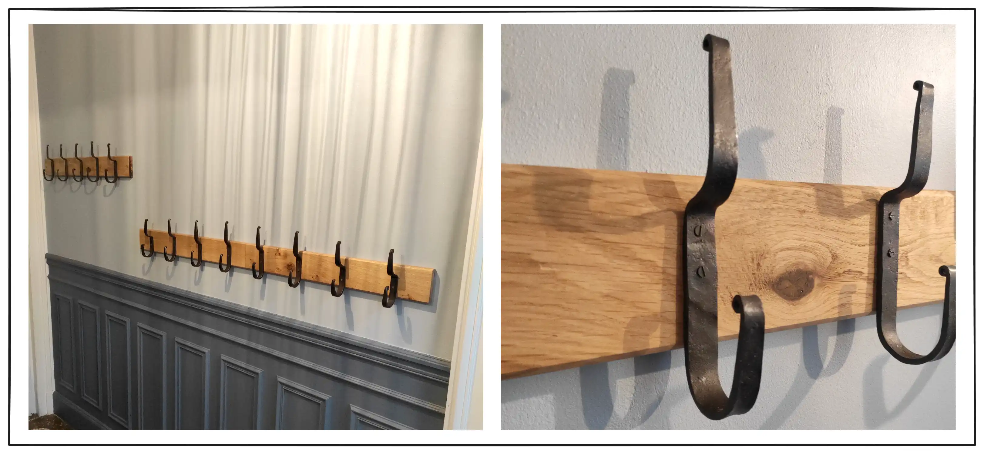 Montage showing forged coat hangers attached to a board of white oak and fixed to the wall