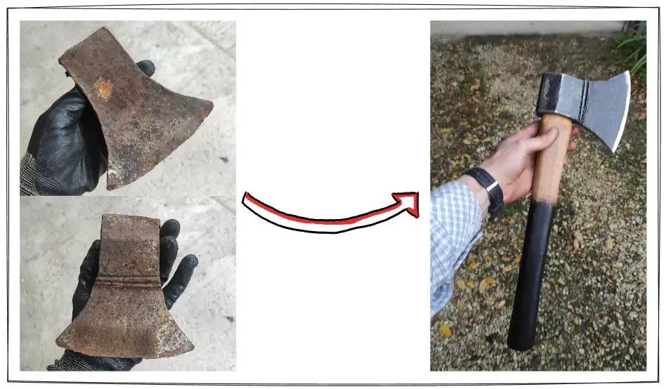 Montage showing before and after pictures of a restorated axe