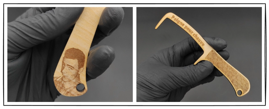 Montage showing a wooden comb laser engraved with the picture of a face